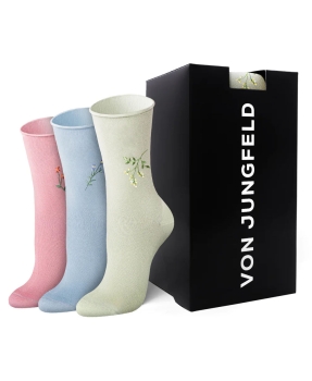 1 Paar von Jungfeld Damen Socken rosa mint blau Stickmotiv Blume